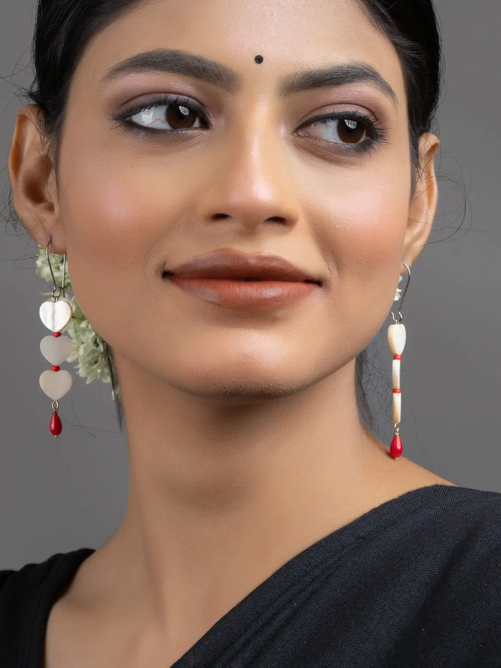 Mother of Pearl Heart Red Coral Drop Earrings - Lookandadorn.com