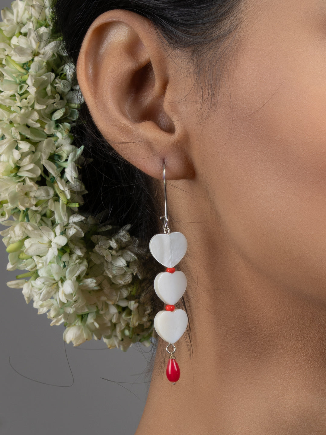 Mother of Pearl Heart Red Coral Drop Earrings - Lookandadorn.com