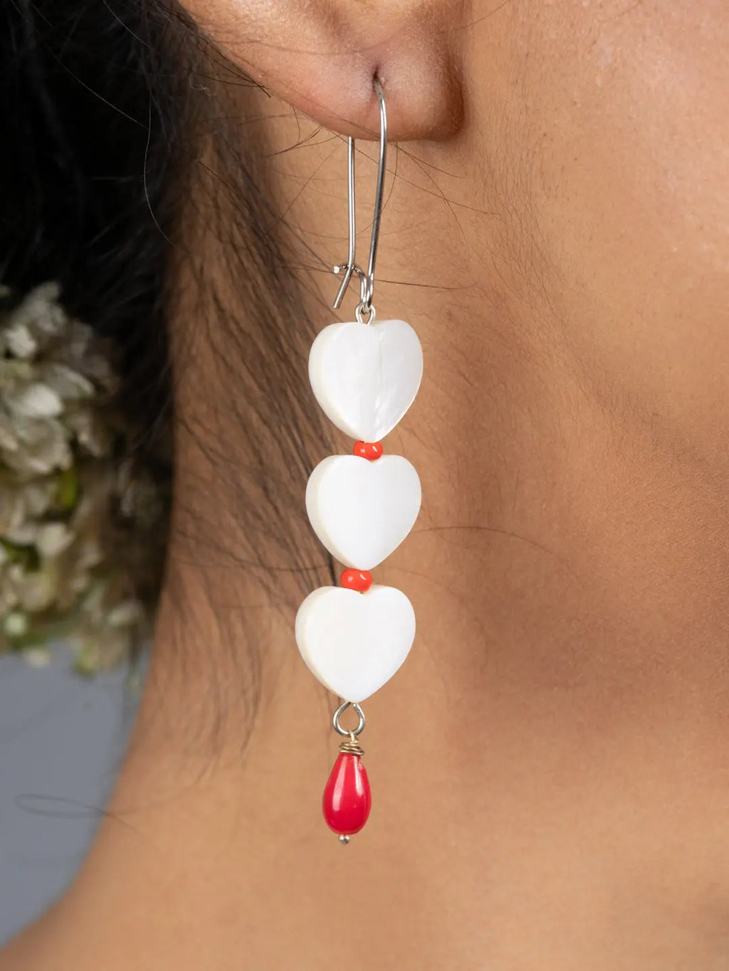 Mother of Pearl Heart Red Coral Drop Earrings - Lookandadorn.com