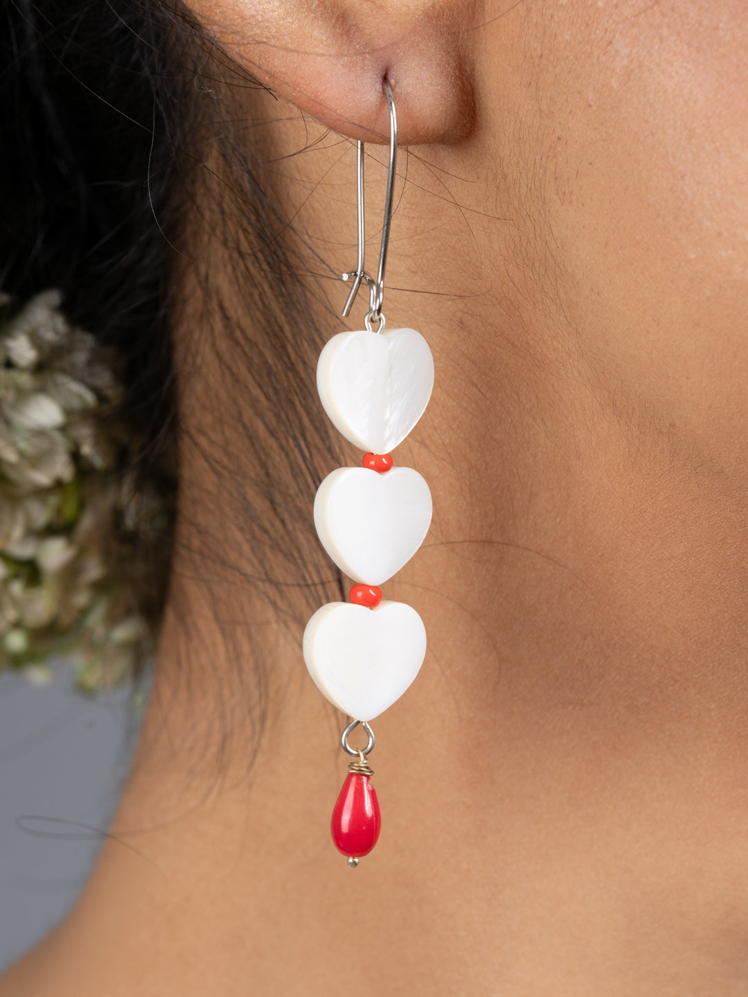 Mother of Pearl Heart Red Coral Drop Earrings - Lookandadorn.com