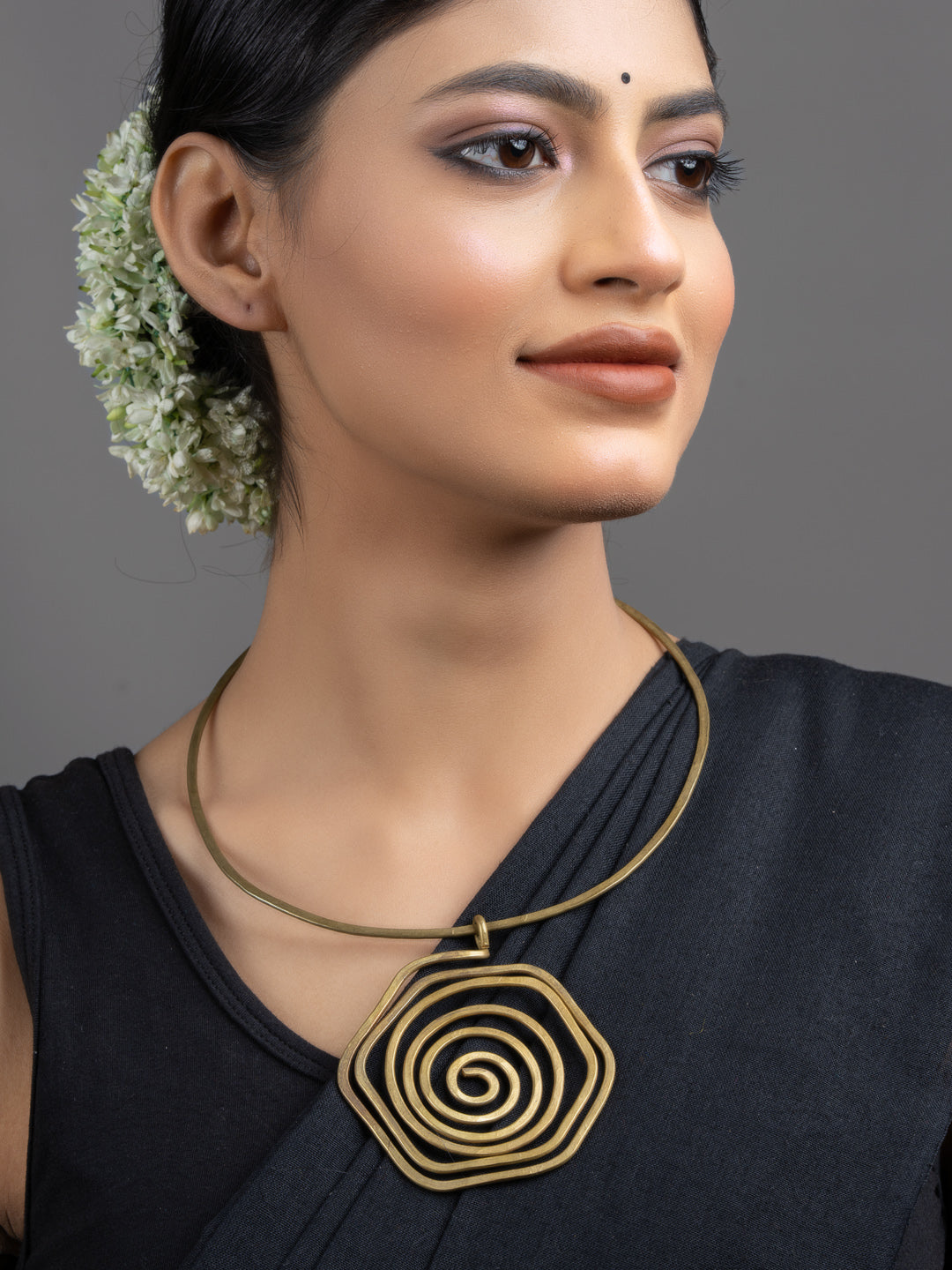 Handmade Dokra Brass Floral Spiral Hasli Necklace - Lookandadorn.com