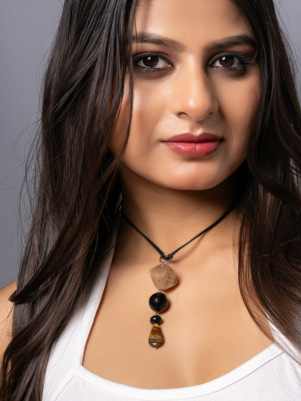 Semi Precious Black Brown Onyx Tiger Eye Sleek Necklace with adjustable Suede Cord LOOK AND ADORN - designed for you