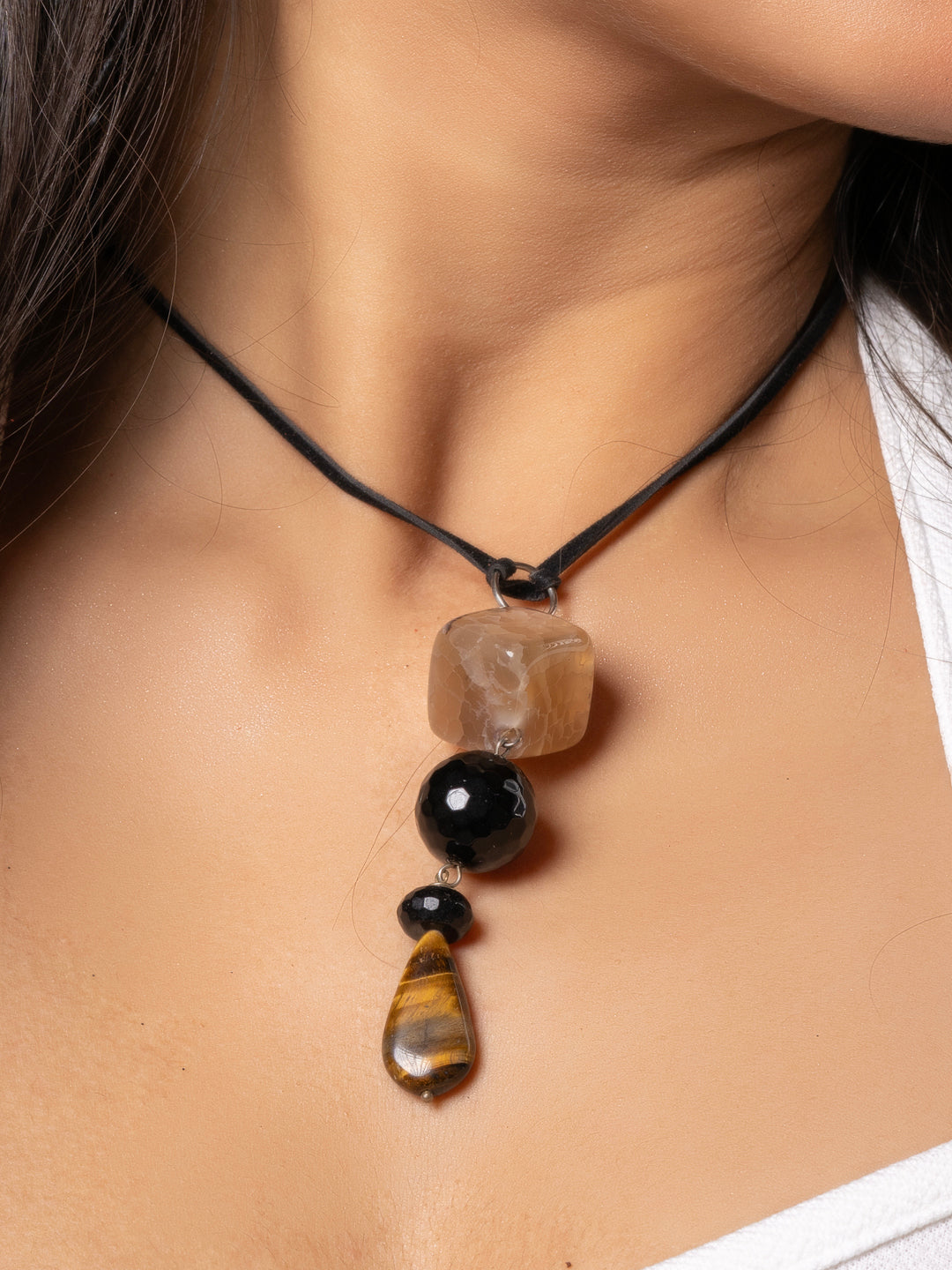 Semi Precious Black Brown Onyx Tiger Eye Sleek Necklace with adjustable Suede Cord LOOK AND ADORN - designed for you
