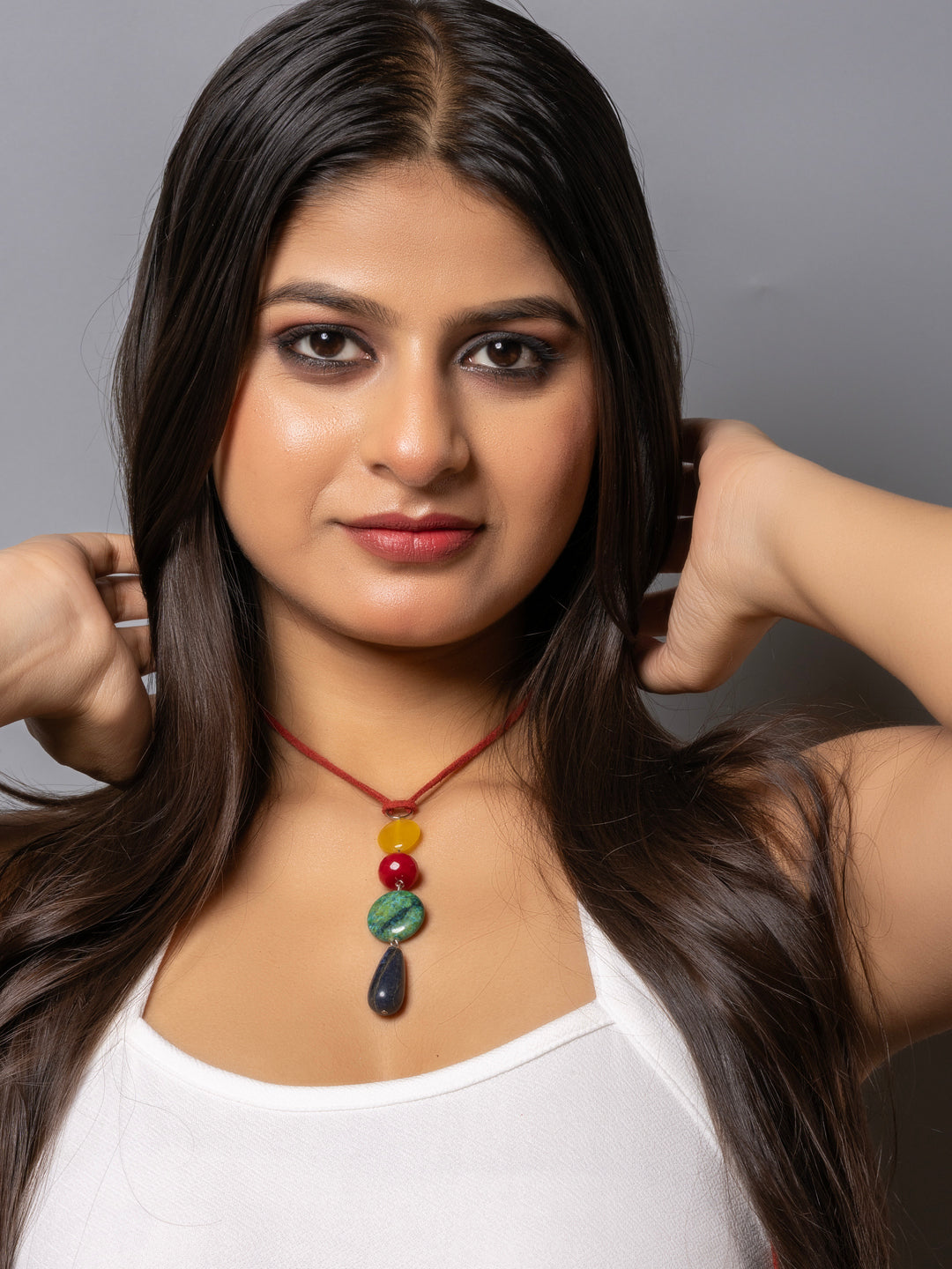 Semi Precious Yellow Red Green Blue Onyx Agate Chrysocholla Lapis Lazuli Sleek Necklace with adjustable Suede Cord LOOK AND ADORN - designed for you