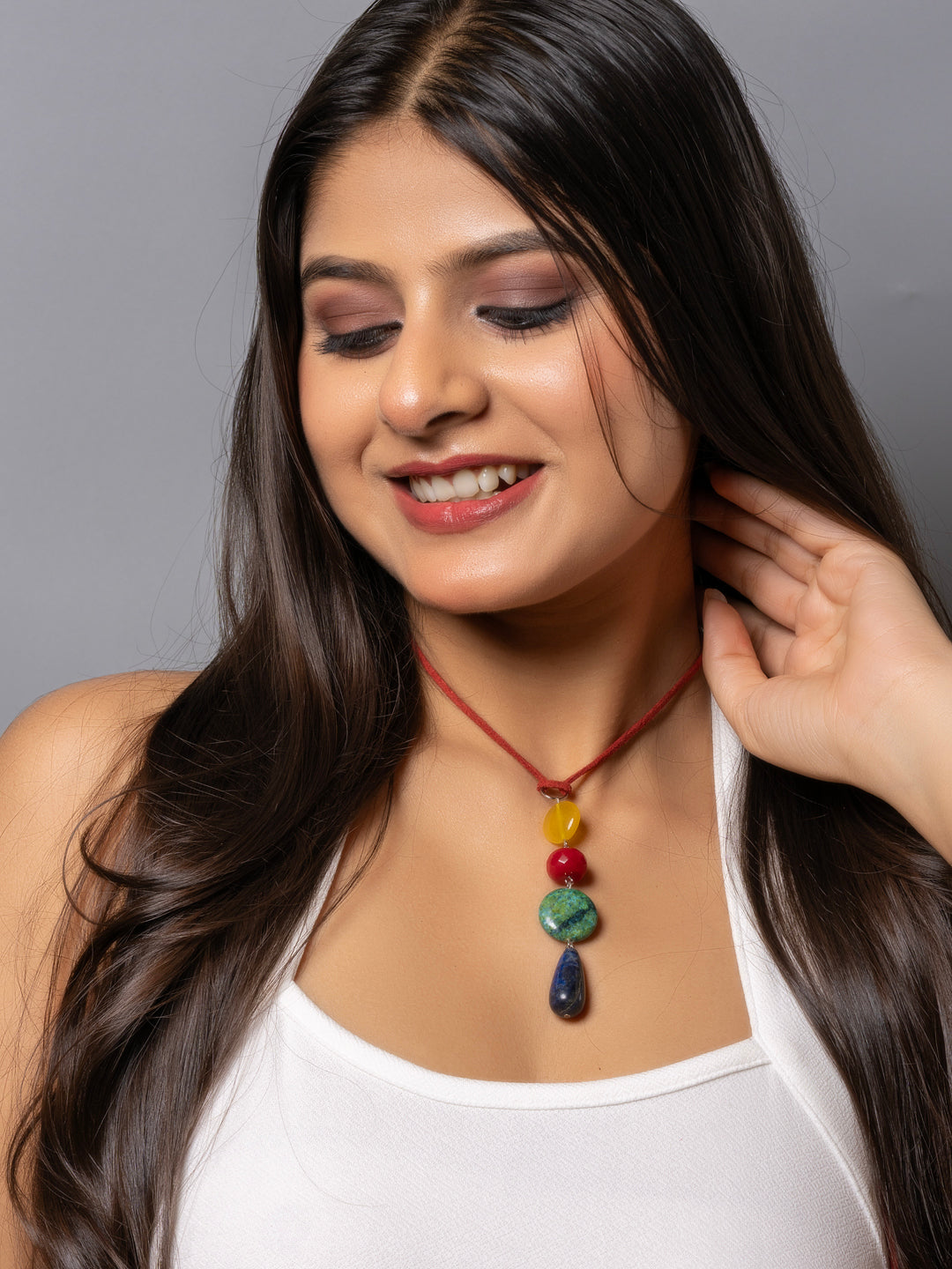 Semi Precious Yellow Red Green Blue Onyx Agate Chrysocholla Lapis Lazuli Sleek Necklace with adjustable Suede Cord LOOK AND ADORN - designed for you