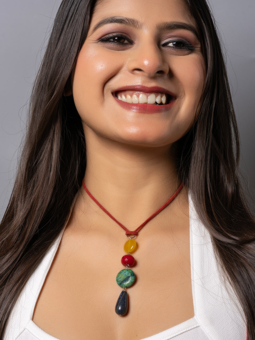 Semi Precious Yellow Red Green Blue Onyx Agate Chrysocholla Lapis Lazuli Sleek Necklace with adjustable Suede Cord LOOK AND ADORN - designed for you