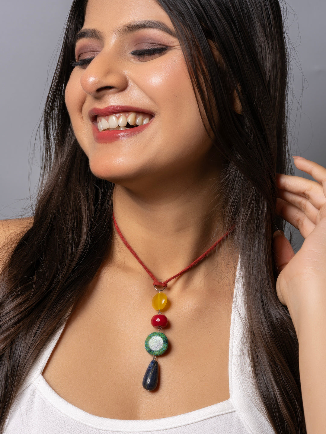 Semi Precious Yellow Red Green Blue Onyx Agate Chrysocholla Lapis Lazuli Sleek Necklace with adjustable Suede Cord LOOK AND ADORN - designed for you