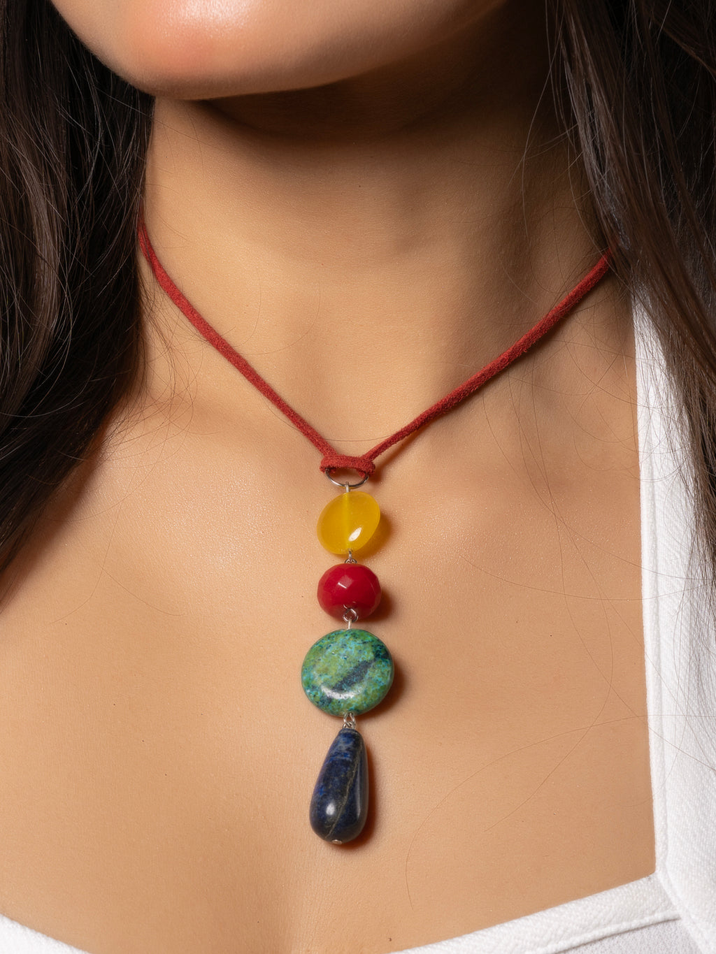 Semi Precious Yellow Red Green Blue Onyx Agate Chrysocholla Lapis Lazuli Sleek Necklace with adjustable Suede Cord LOOK AND ADORN - designed for you