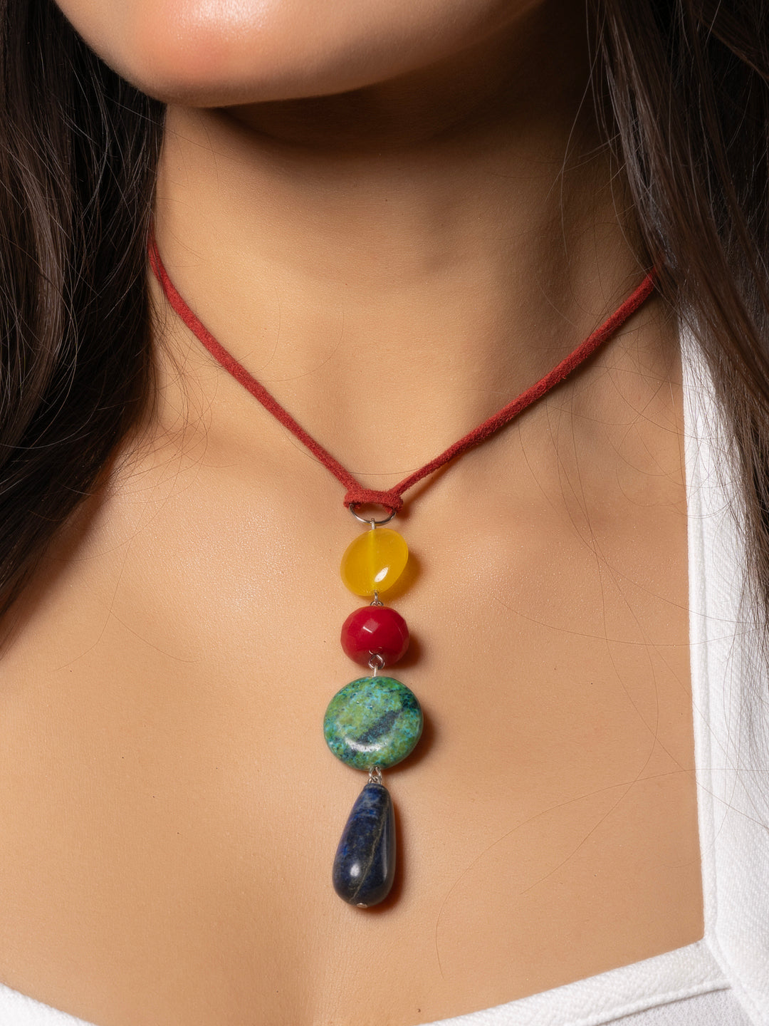 Semi Precious Yellow Red Green Blue Onyx Agate Chrysocholla Lapis Lazuli Sleek Necklace with adjustable Suede Cord LOOK AND ADORN - designed for you