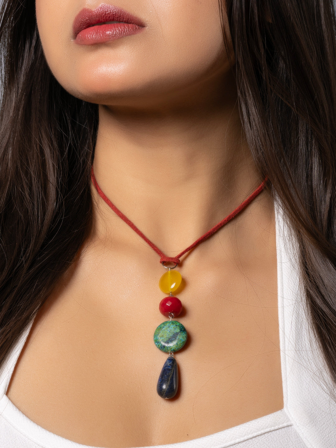 Semi Precious Yellow Red Green Blue Onyx Agate Chrysocholla Lapis Lazuli Sleek Necklace with adjustable Suede Cord LOOK AND ADORN - designed for you