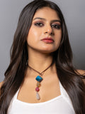 Semi Precious Blue Brown Pink Onyx Agate Sleek Necklace with adjustable Suede Cord LOOK AND ADORN - designed for you