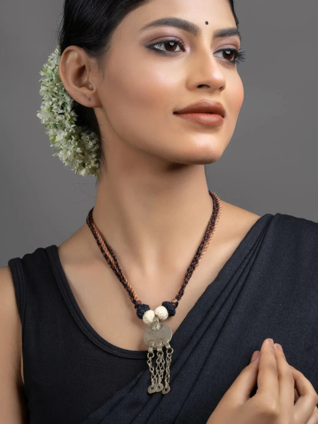 Brown Black Original Afghan Coin Necklace with Adjustable Triple color Dori - Lookandadorn.com
