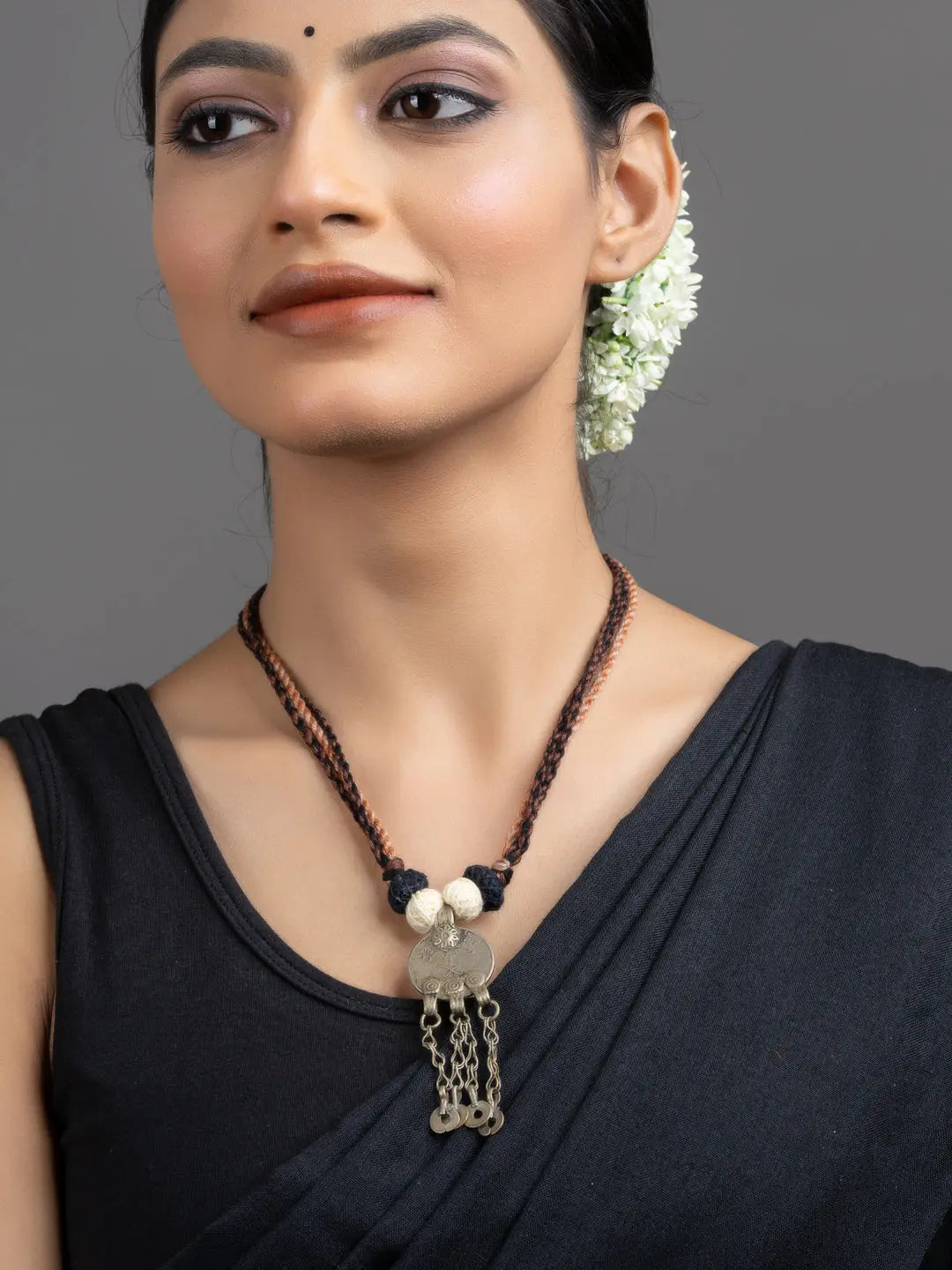 Brown Black Original Afghan Coin Necklace with Adjustable Triple color Dori - Lookandadorn.com