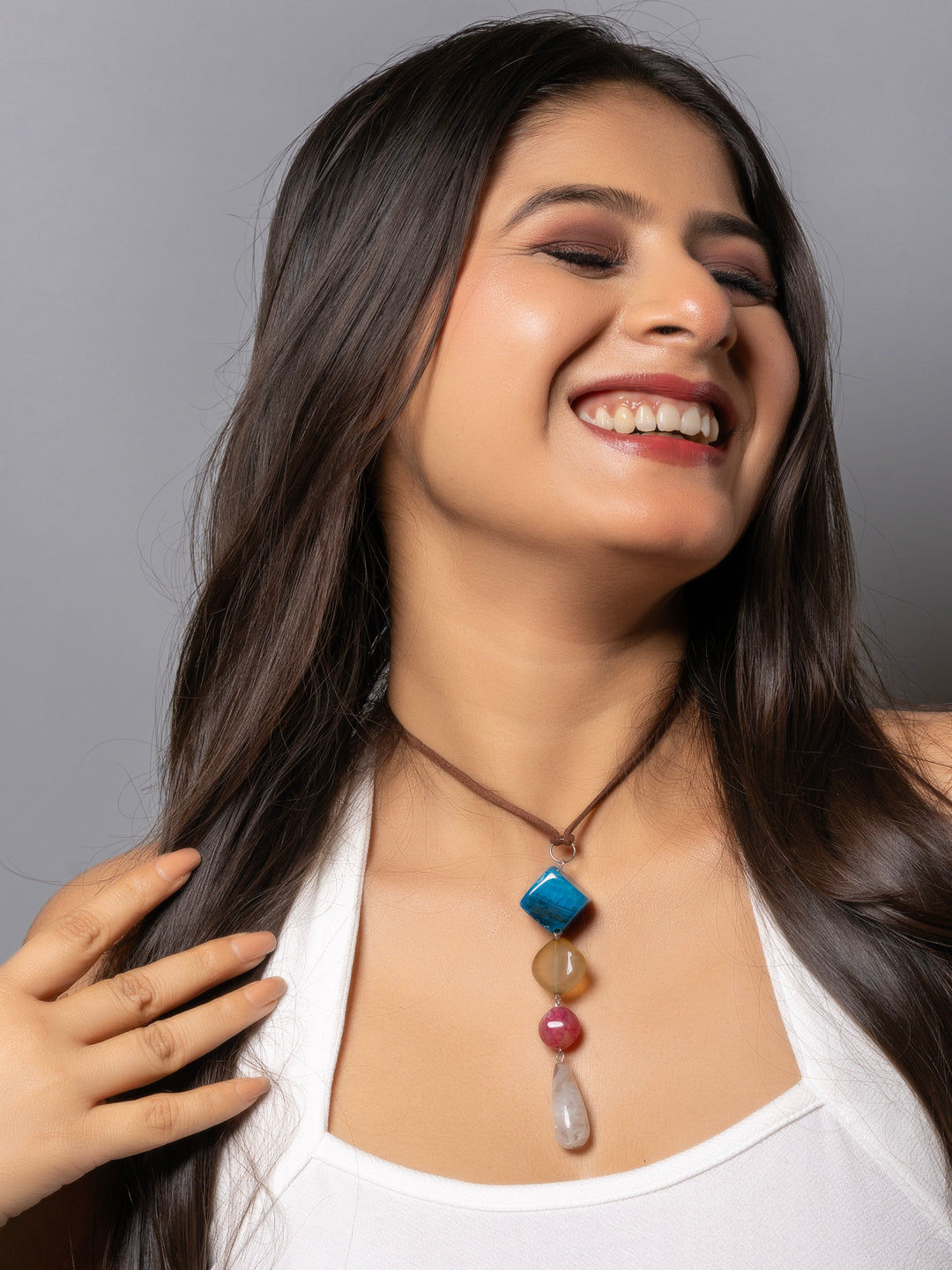 Semi Precious Blue Brown Pink Onyx Agate Sleek Necklace with adjustable Suede Cord LOOK AND ADORN - designed for you