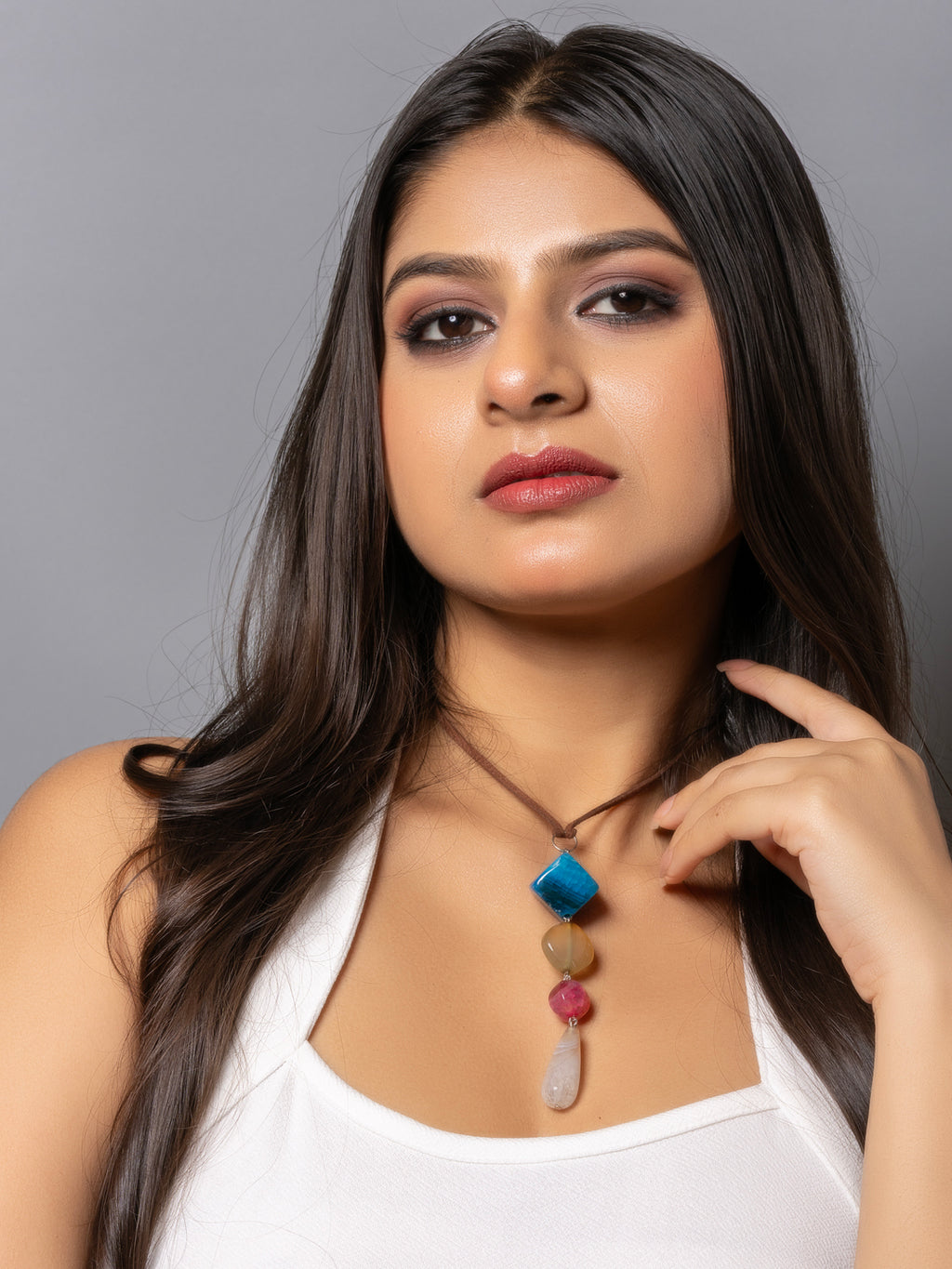 Semi Precious Blue Brown Pink Onyx Agate Sleek Necklace with adjustable Suede Cord LOOK AND ADORN - designed for you