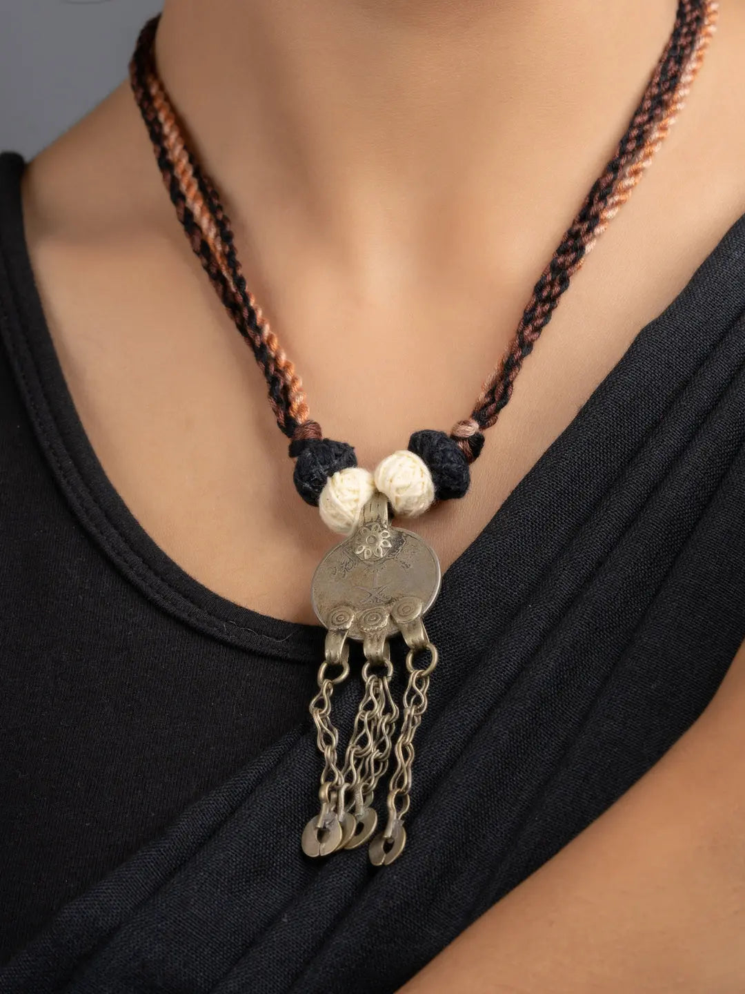 Brown Black Original Afghan Coin Necklace with Adjustable Triple color Dori - Lookandadorn.com