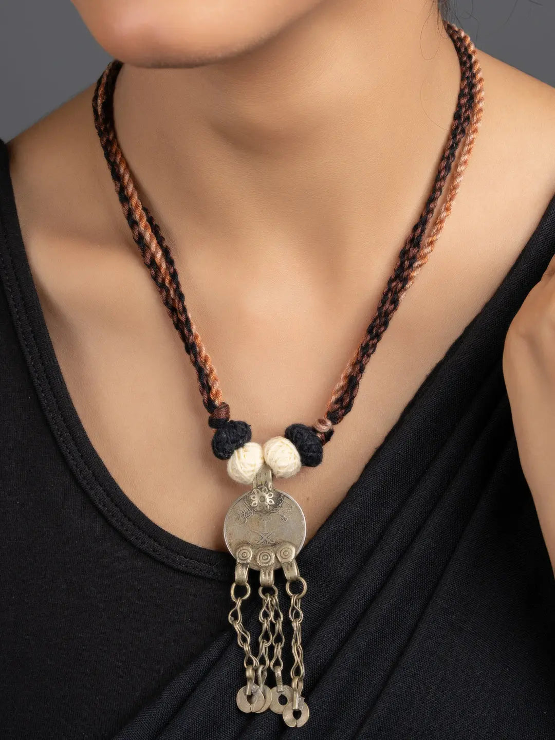 Brown Black Original Afghan Coin Necklace with Adjustable Triple color Dori - Lookandadorn.com