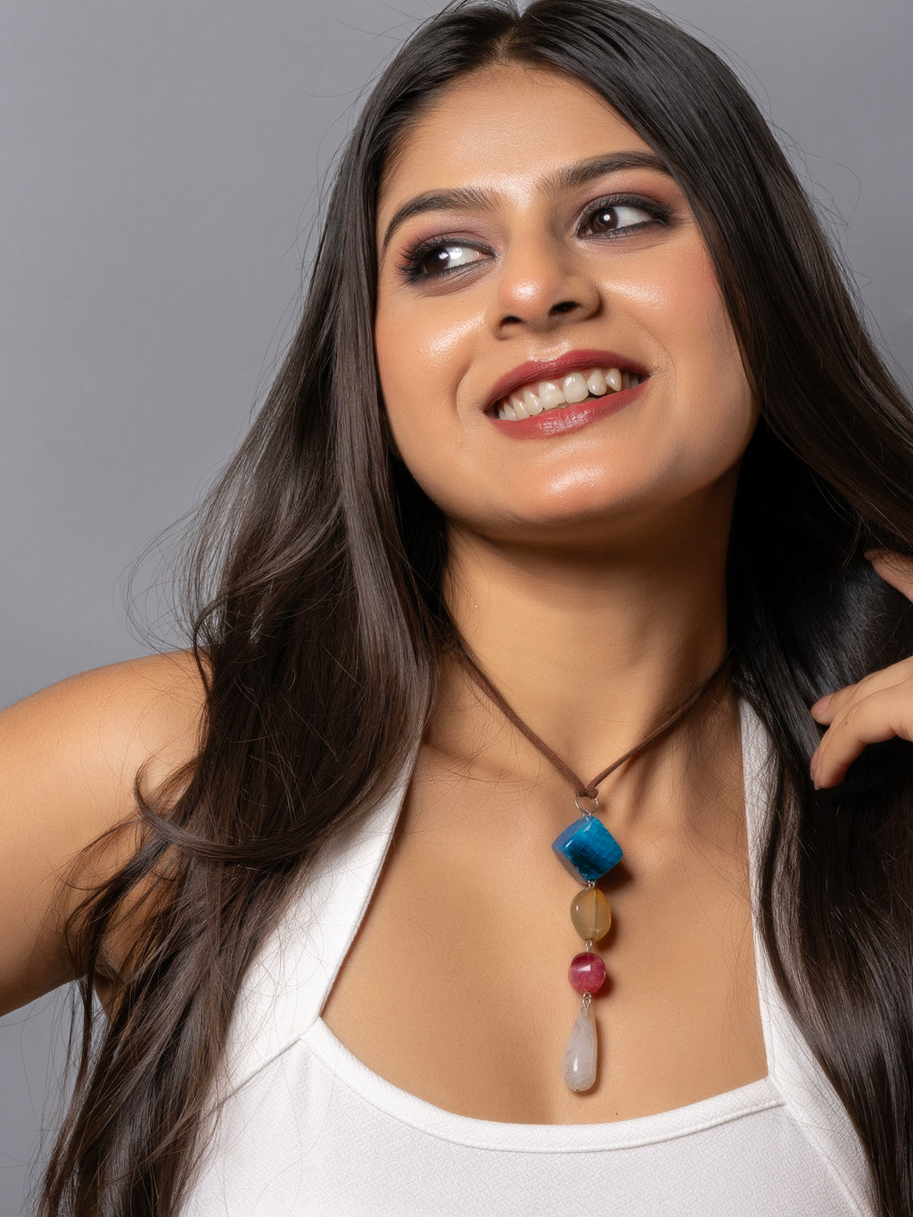 Semi Precious Blue Brown Pink Onyx Agate Sleek Necklace with adjustable Suede Cord LOOK AND ADORN - designed for you