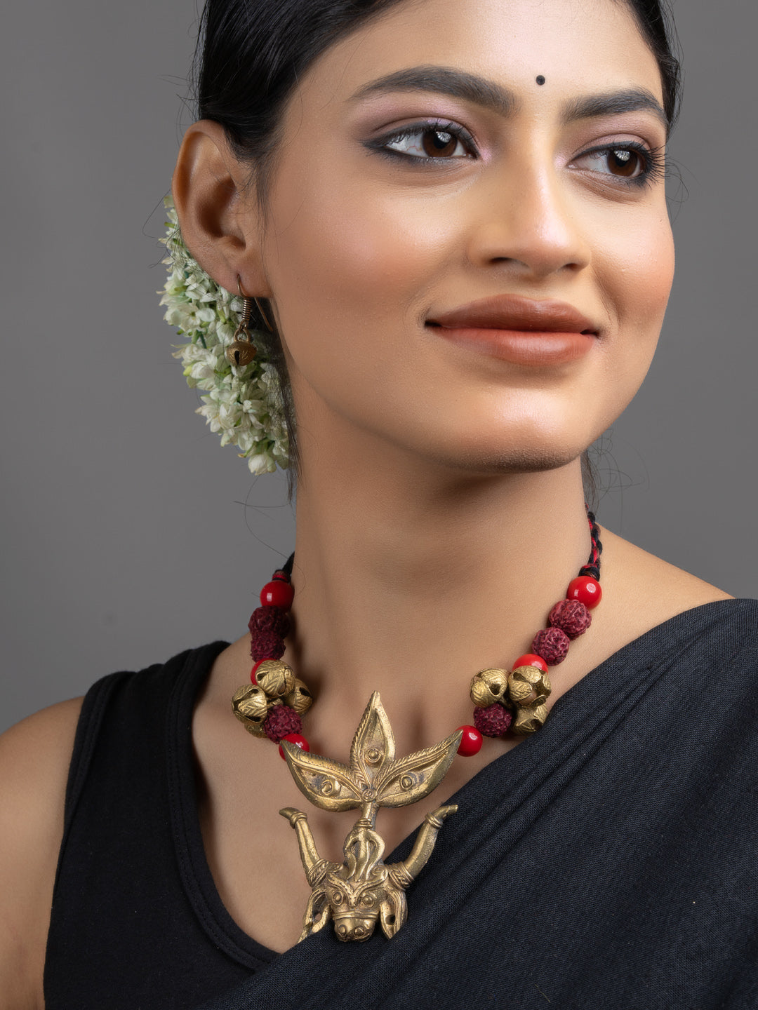 Trinayani Durga Devi Brass Dokra Rudraksh Ghungroo Necklace Set with Earrings - Lookandadorn.com