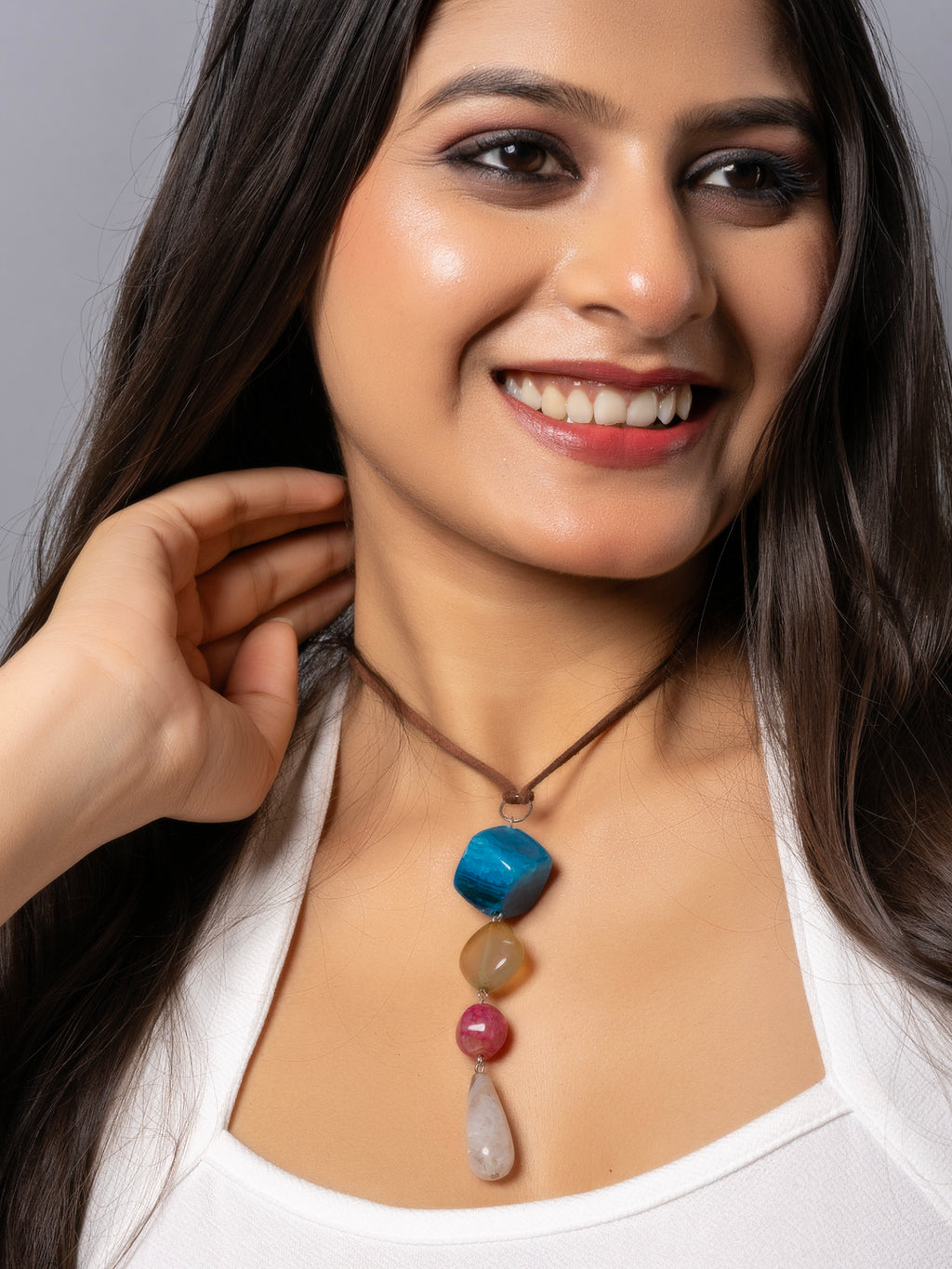 Semi Precious Blue Brown Pink Onyx Agate Sleek Necklace with adjustable Suede Cord LOOK AND ADORN - designed for you