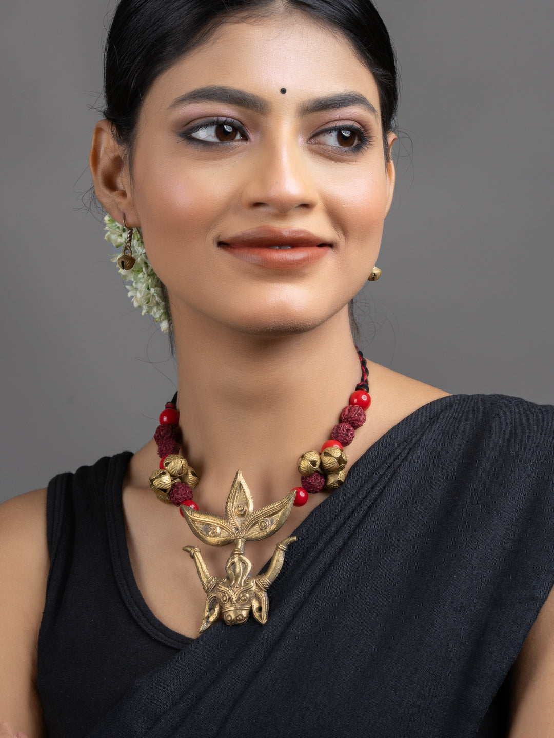 Trinayani Durga Devi Brass Dokra Rudraksh Ghungroo Necklace Set with Earrings - Lookandadorn.com