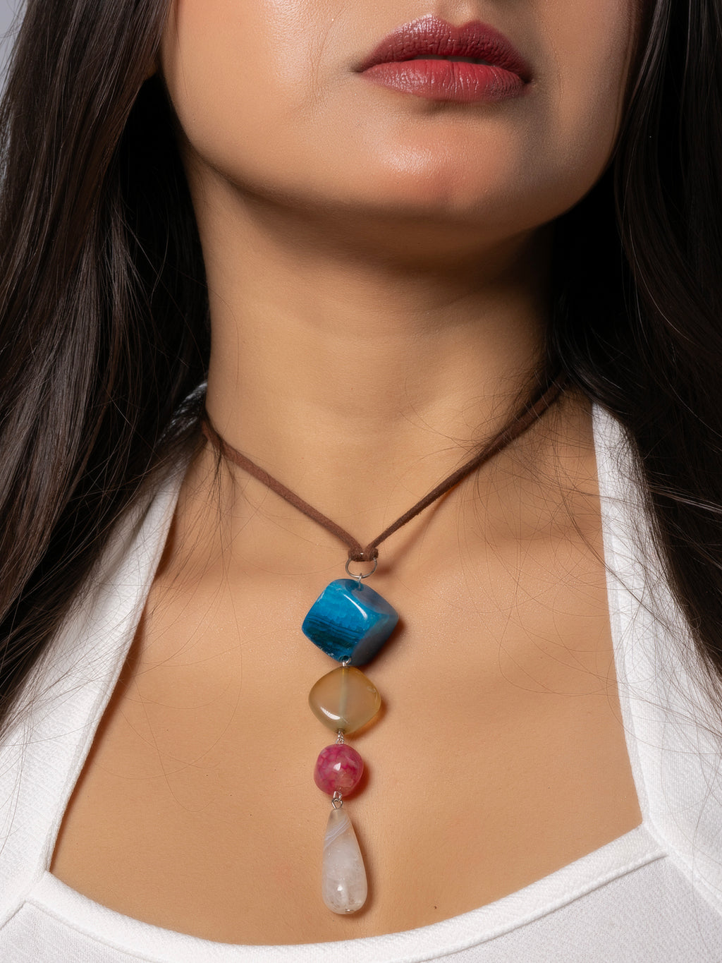 Semi Precious Blue Brown Pink Onyx Agate Sleek Necklace with adjustable Suede Cord LOOK AND ADORN - designed for you