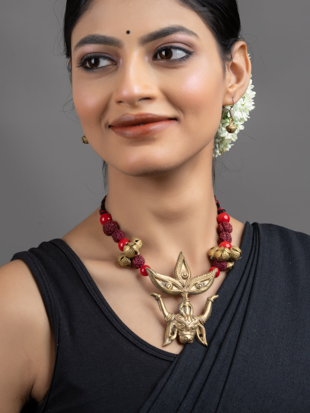 Trinayani Durga Devi Brass Dokra Rudraksh Ghungroo Necklace Set with Earrings - Lookandadorn.com