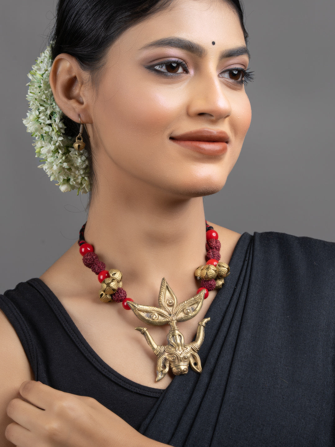 Trinayani Durga Devi Brass Dokra Rudraksh Ghungroo Necklace Set with Earrings - Lookandadorn.com