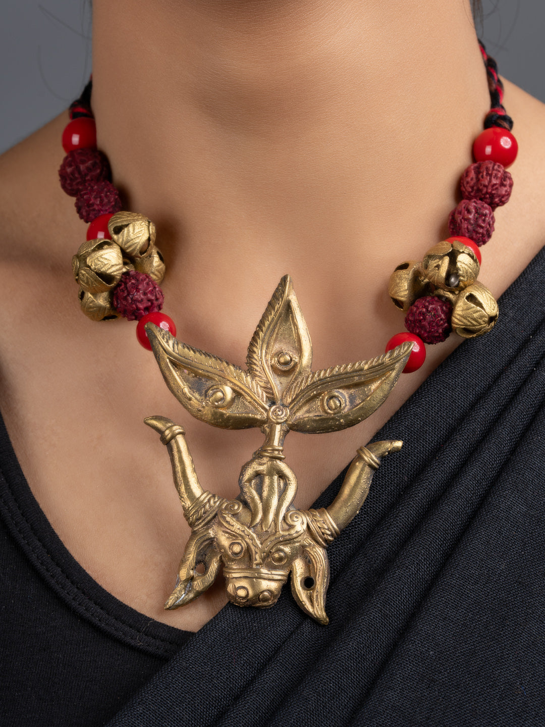 Trinayani Durga Devi Brass Dokra Rudraksh Ghungroo Necklace Set with Earrings - Lookandadorn.com