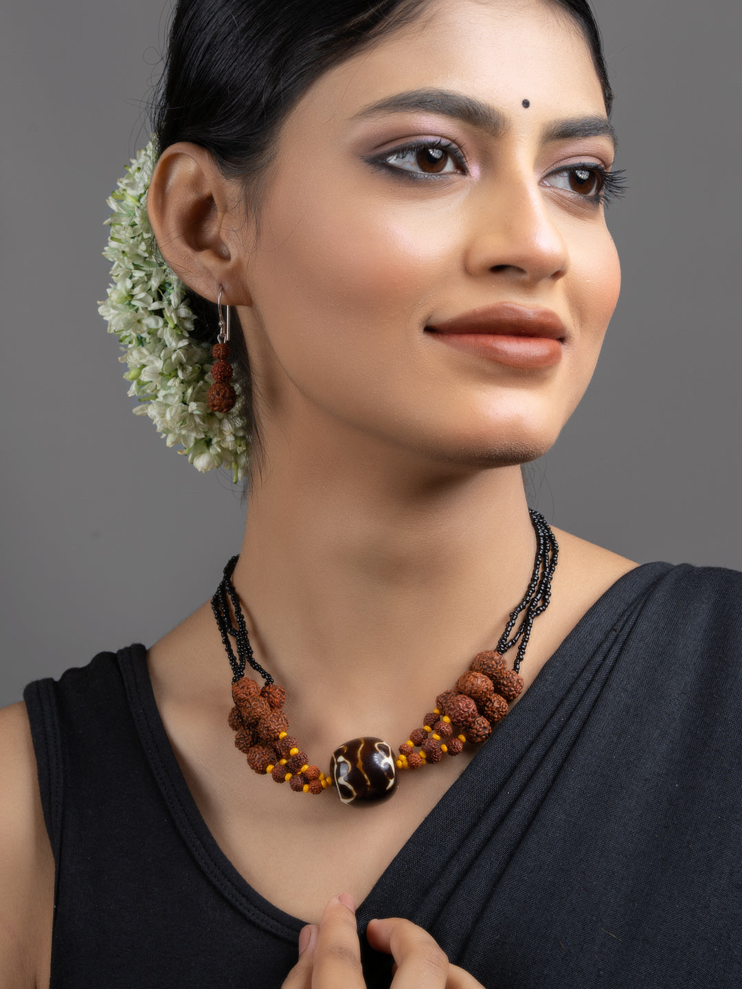 Brown Black Focal Rudraksh Triple Line Necklace Set with Earrings - Lookandadorn.com