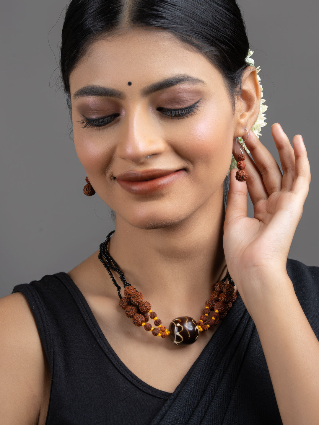 Brown Black Focal Rudraksh Triple Line Necklace Set with Earrings - Lookandadorn.com
