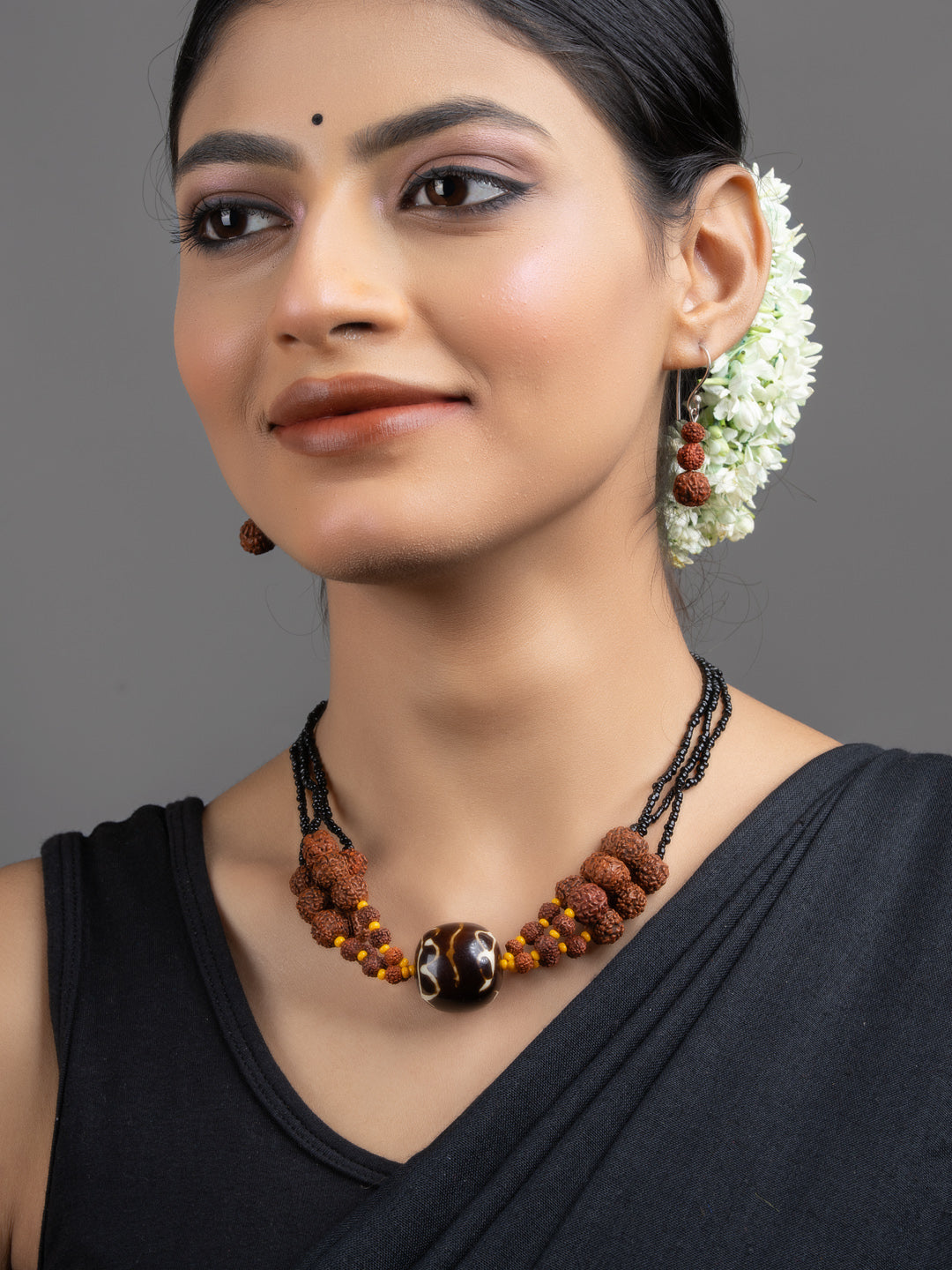 Brown Black Focal Rudraksh Triple Line Necklace Set with Earrings - Lookandadorn.com