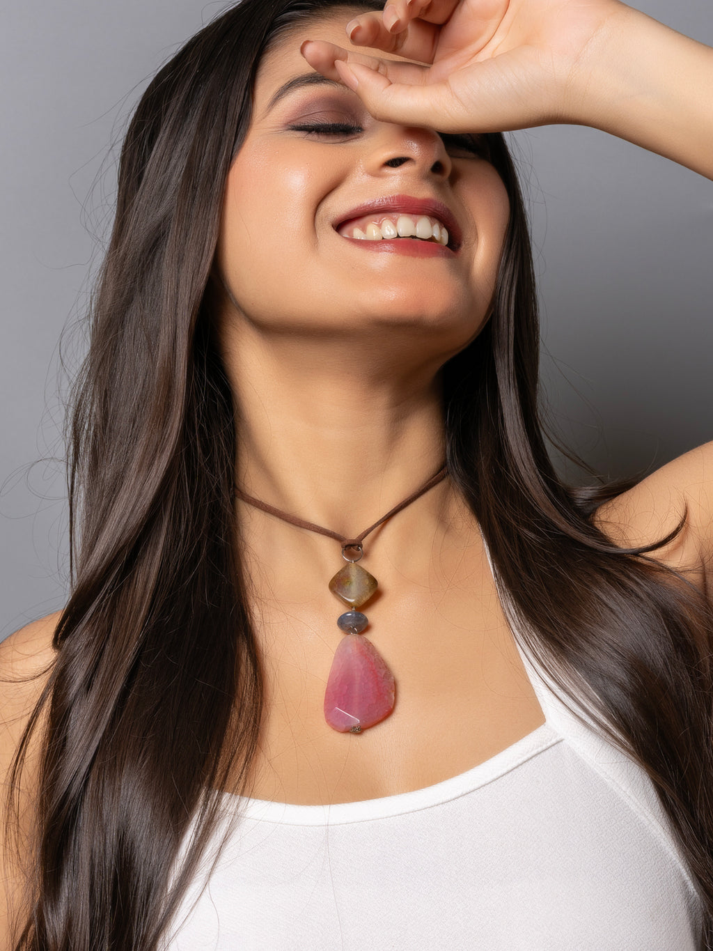 Semi Precious Brown Pink Onyx Agate Sleek Necklace with adjustable Suede Cord LOOK AND ADORN - designed for you