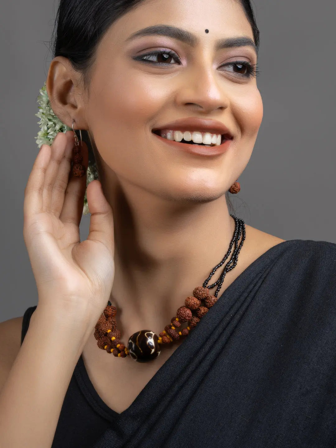Brown Black Focal Rudraksh Triple Line Necklace Set with Earrings - Lookandadorn.com