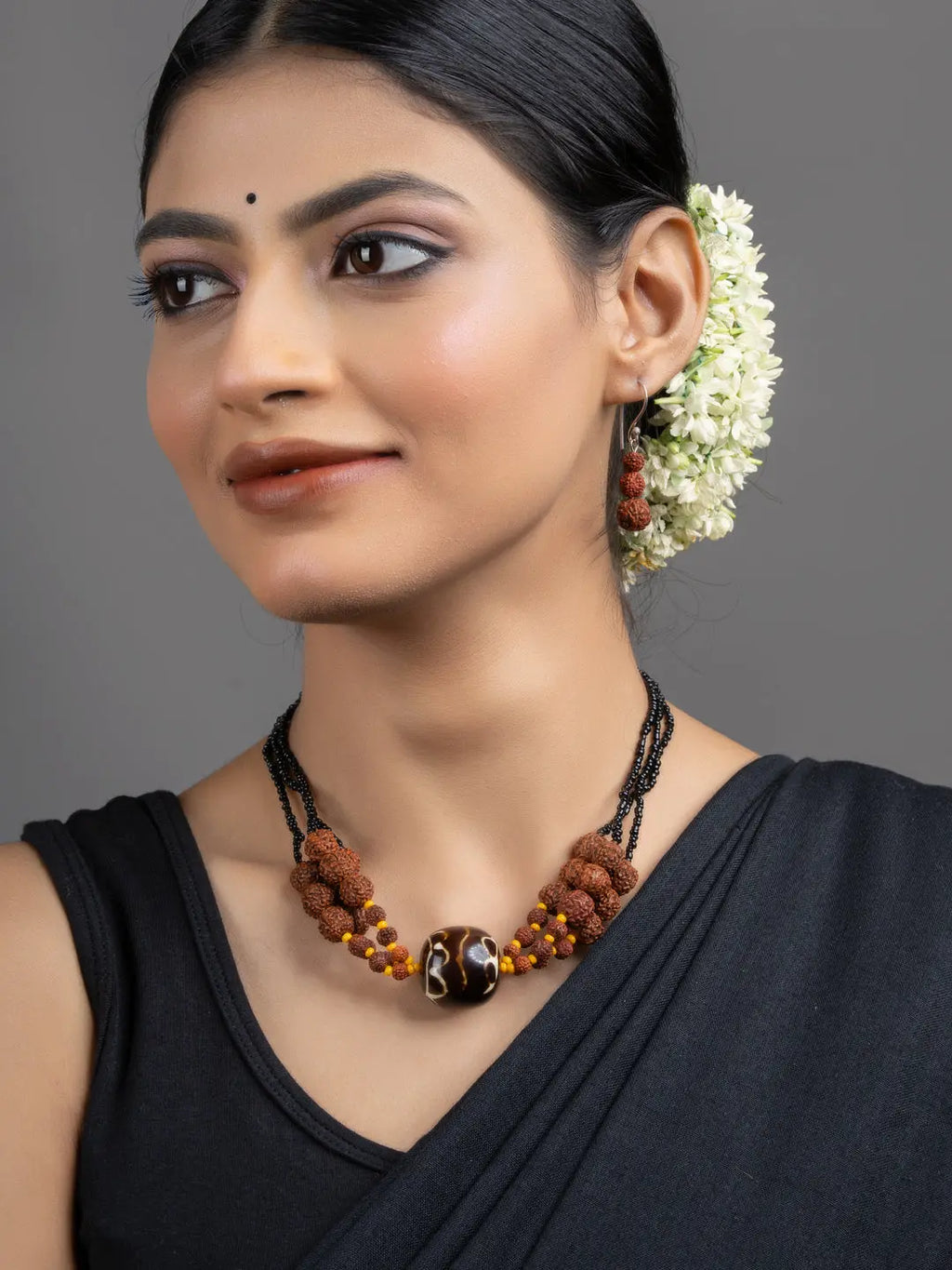 Brown Black Focal Rudraksh Triple Line Necklace Set with Earrings - Lookandadorn.com