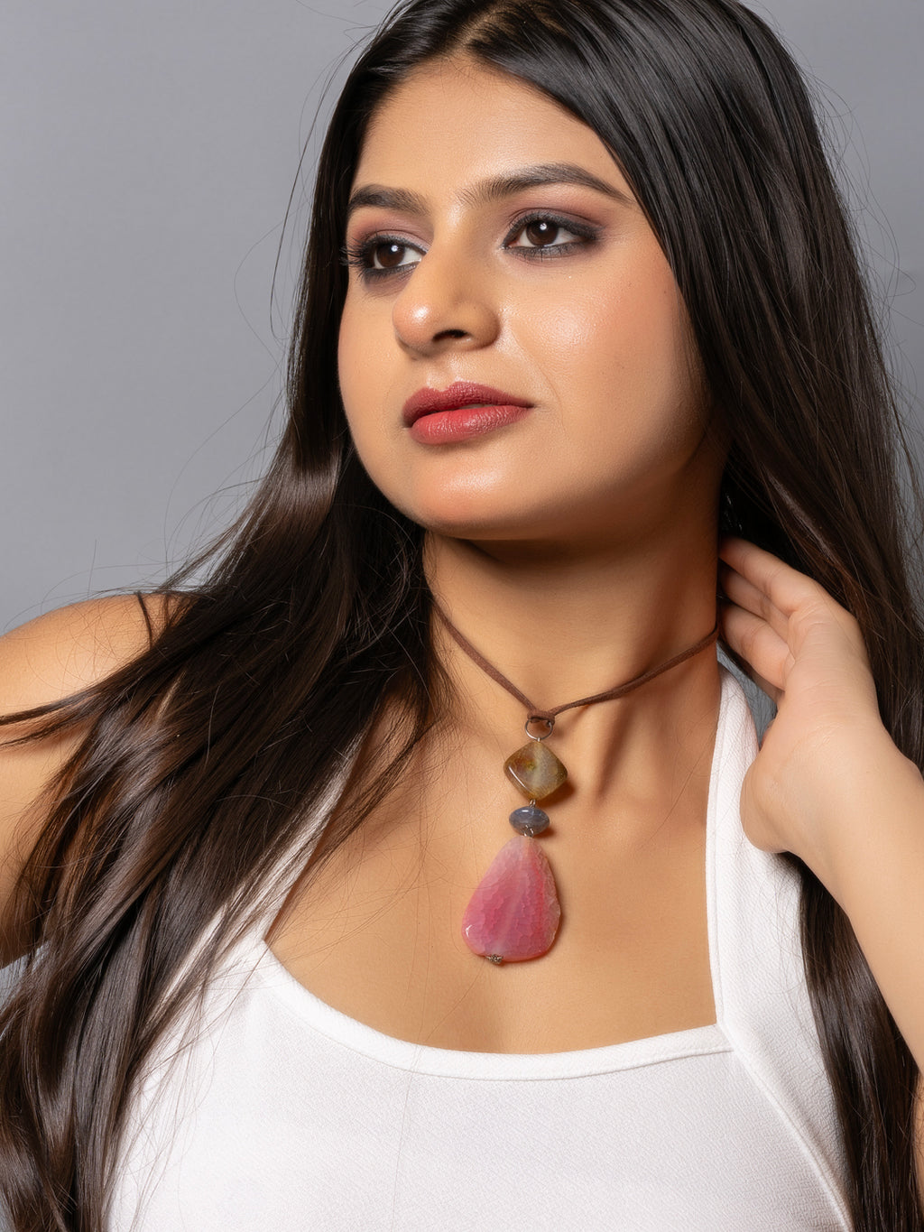 Semi Precious Brown Pink Onyx Agate Sleek Necklace with adjustable Suede Cord LOOK AND ADORN - designed for you