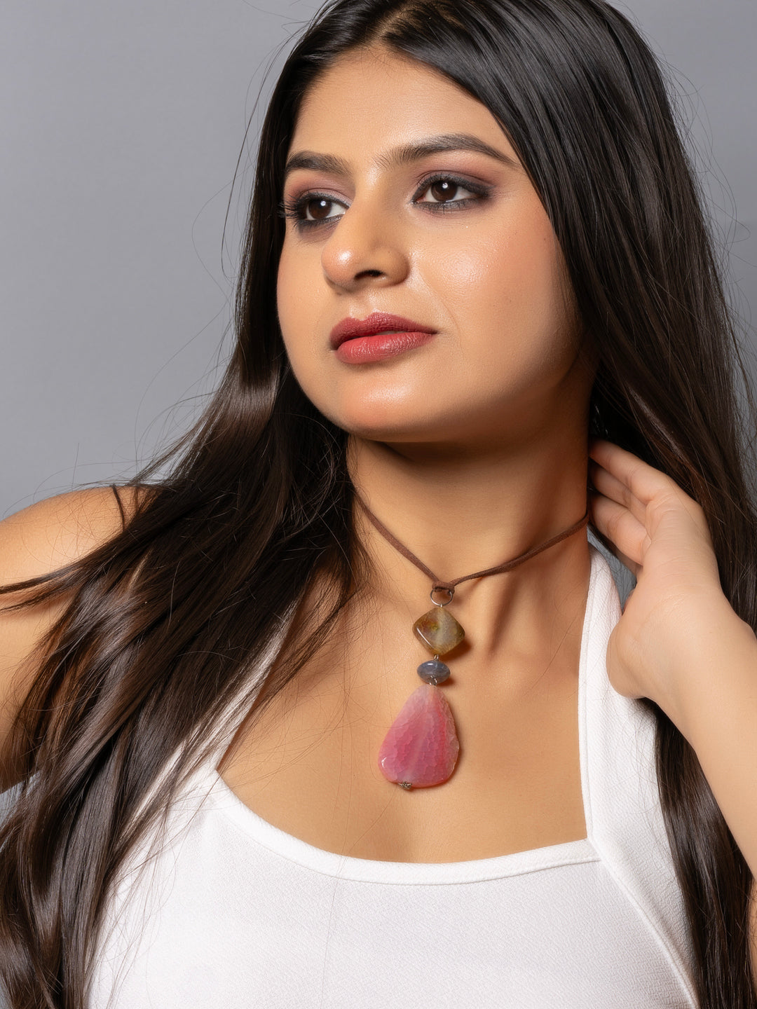 Semi Precious Brown Pink Onyx Agate Sleek Necklace with adjustable Suede Cord LOOK AND ADORN - designed for you