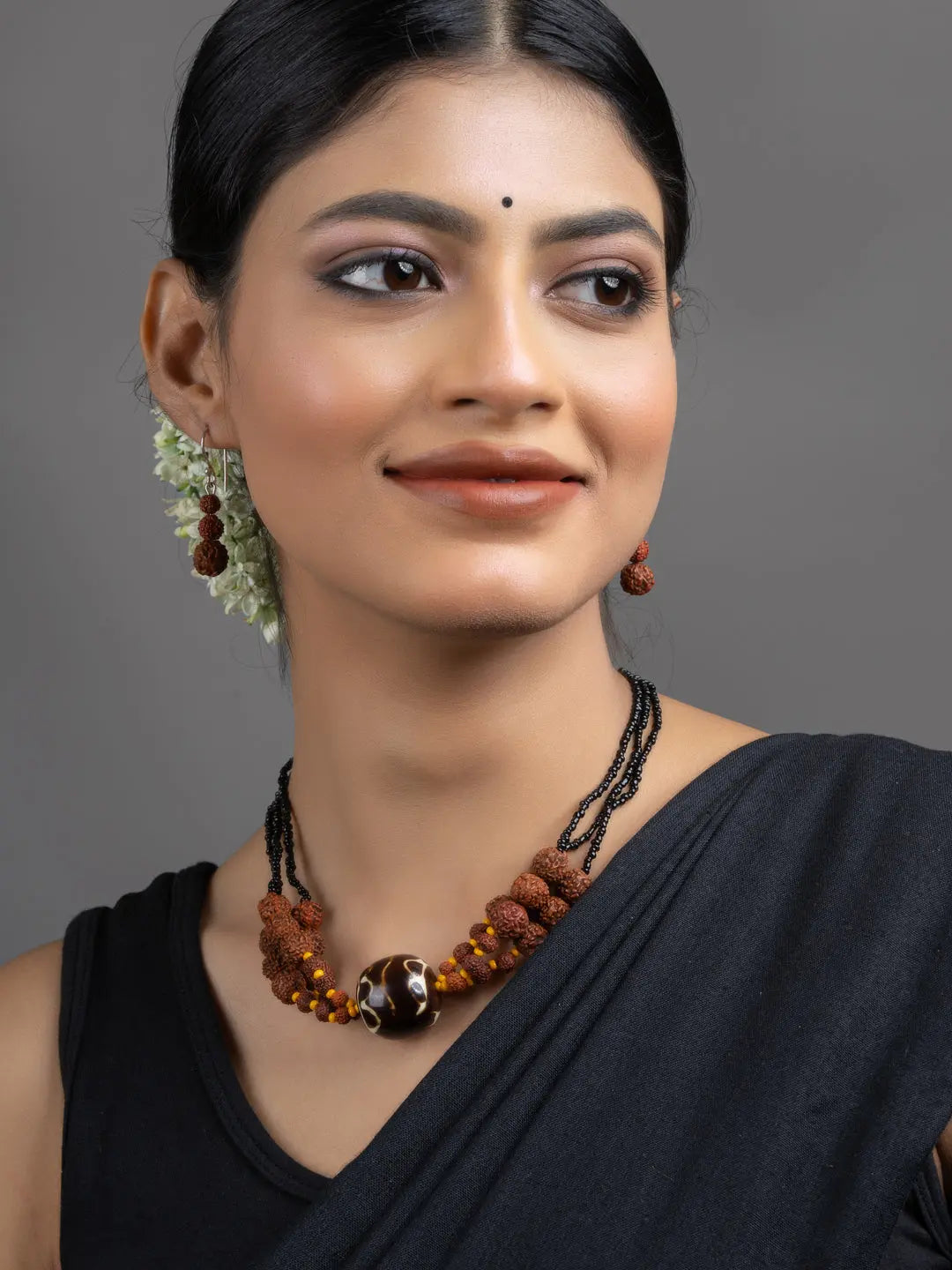 Brown Black Focal Rudraksh Triple Line Necklace Set with Earrings - Lookandadorn.com