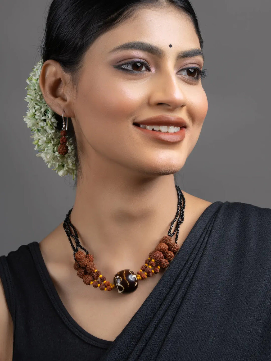 Brown Black Focal Rudraksh Triple Line Necklace Set with Earrings - Lookandadorn.com
