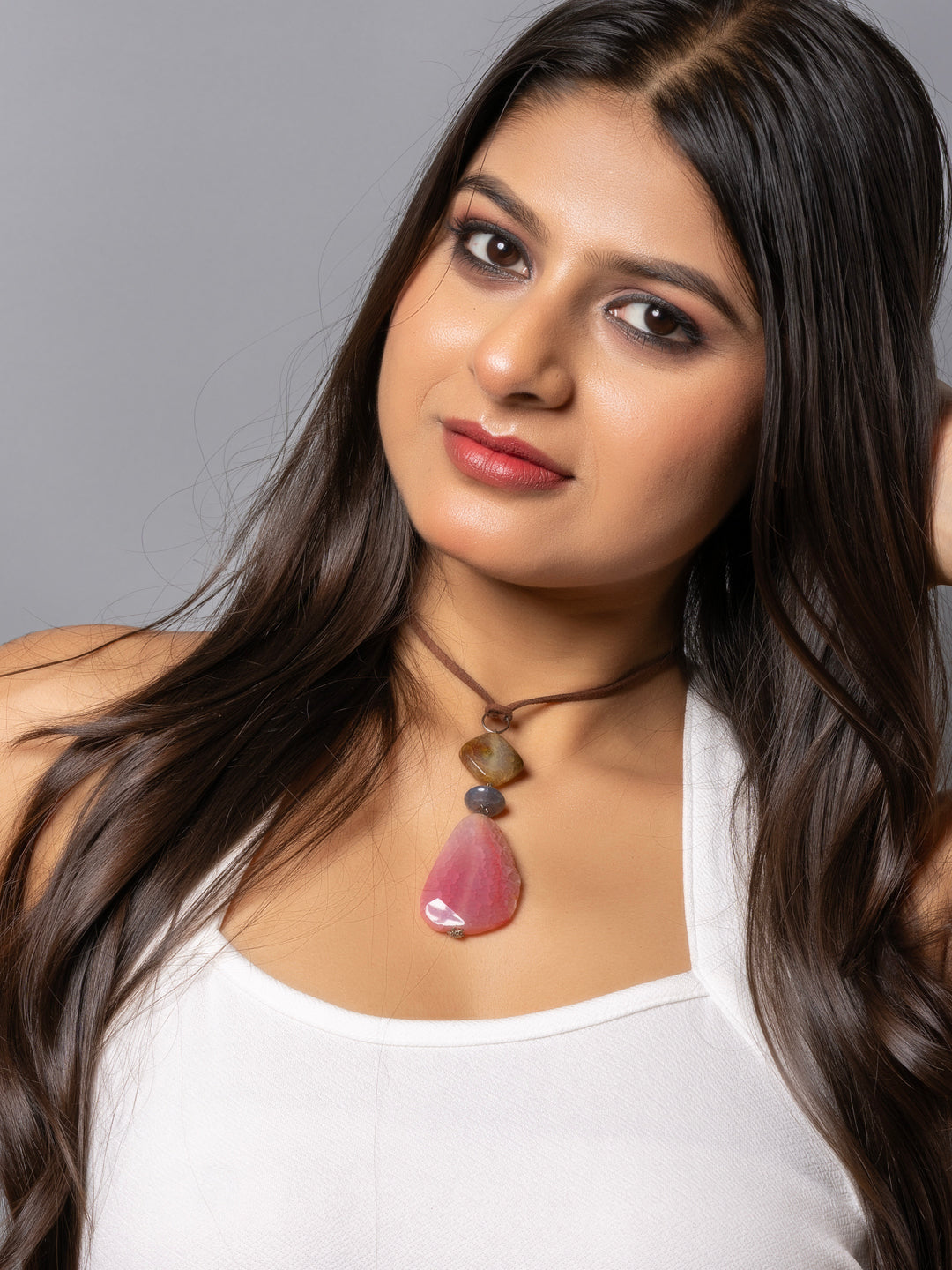 Semi Precious Brown Pink Onyx Agate Sleek Necklace with adjustable Suede Cord LOOK AND ADORN - designed for you
