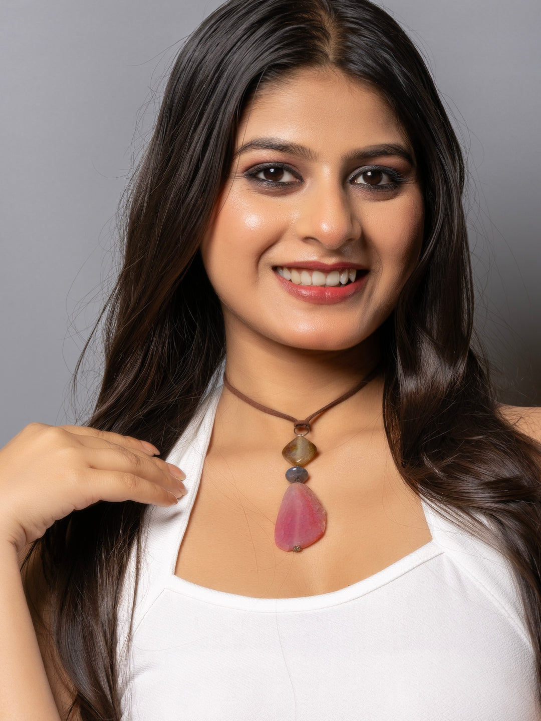 Semi Precious Brown Pink Onyx Agate Sleek Necklace with adjustable Suede Cord LOOK AND ADORN - designed for you
