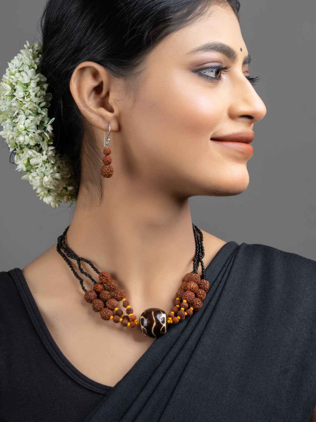 Brown Black Focal Rudraksh Triple Line Necklace Set with Earrings - Lookandadorn.com