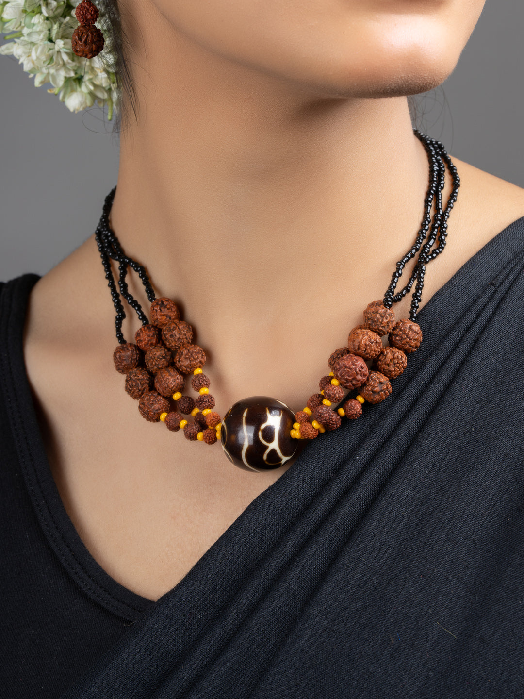 Brown Black Focal Rudraksh Triple Line Necklace Set with Earrings - Lookandadorn.com