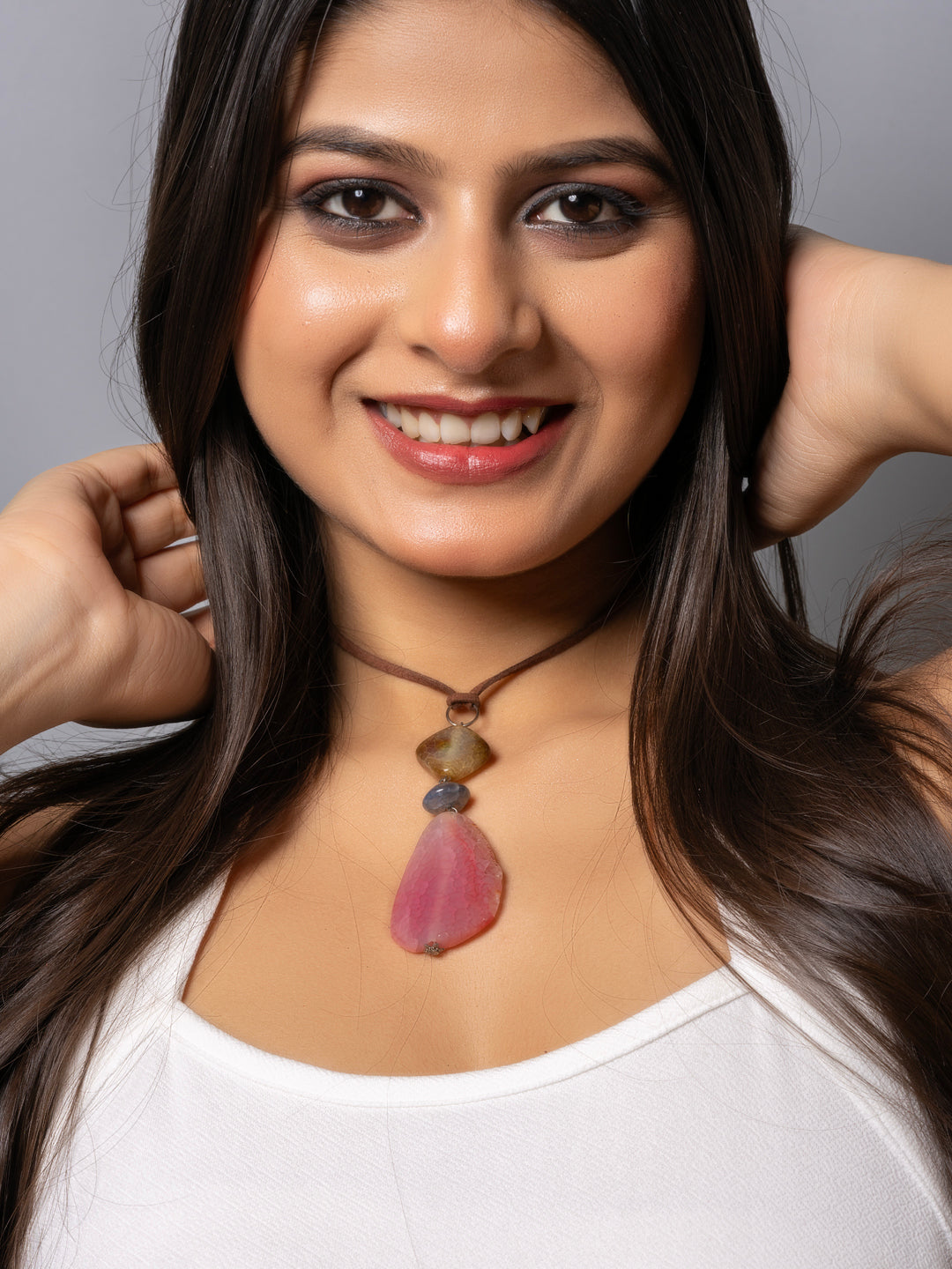 Semi Precious Brown Pink Onyx Agate Sleek Necklace with adjustable Suede Cord LOOK AND ADORN - designed for you