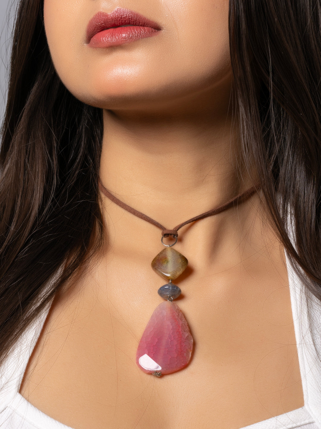 Semi Precious Brown Pink Onyx Agate Sleek Necklace with adjustable Suede Cord LOOK AND ADORN - designed for you