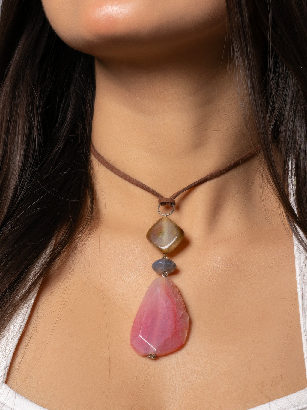 Semi Precious Brown Pink Onyx Agate Sleek Necklace with adjustable Suede Cord LOOK AND ADORN - designed for you