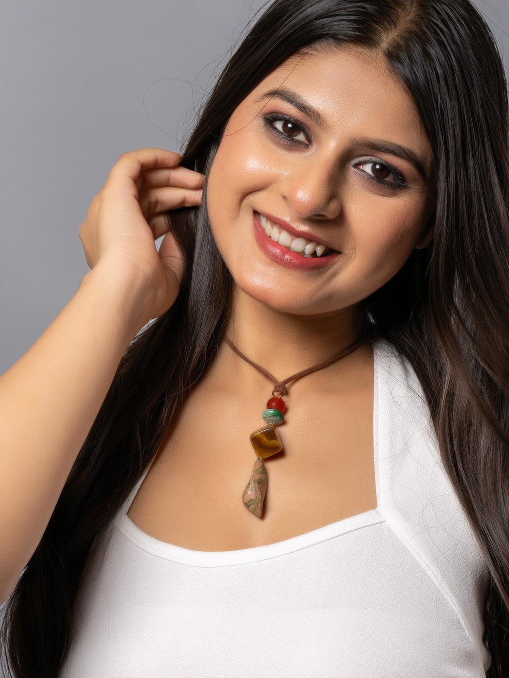 Semi Precious Yellow Brown Onyx Agste Green Unakite Lily Sleek necklace with adjustable Suede Cord LOOK AND ADORN - designed for you
