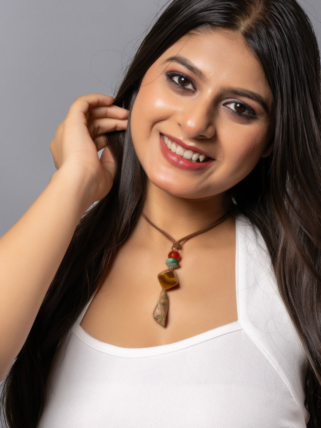 Semi Precious Yellow Brown Onyx Agste Green Unakite Lily Sleek necklace with adjustable Suede Cord LOOK AND ADORN - designed for you