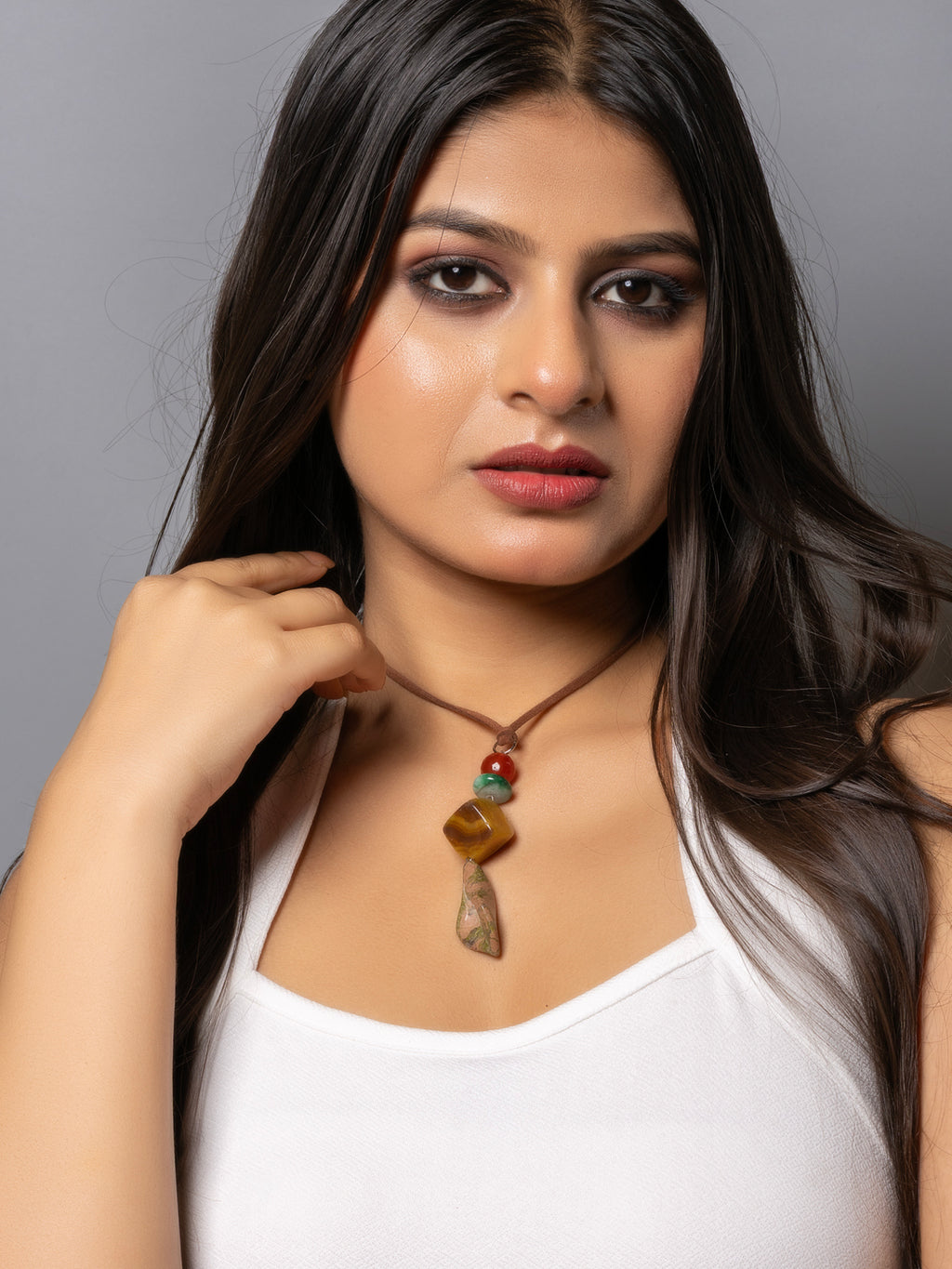 Semi Precious Yellow Brown Onyx Agste Green Unakite Lily Sleek necklace with adjustable Suede Cord LOOK AND ADORN - designed for you