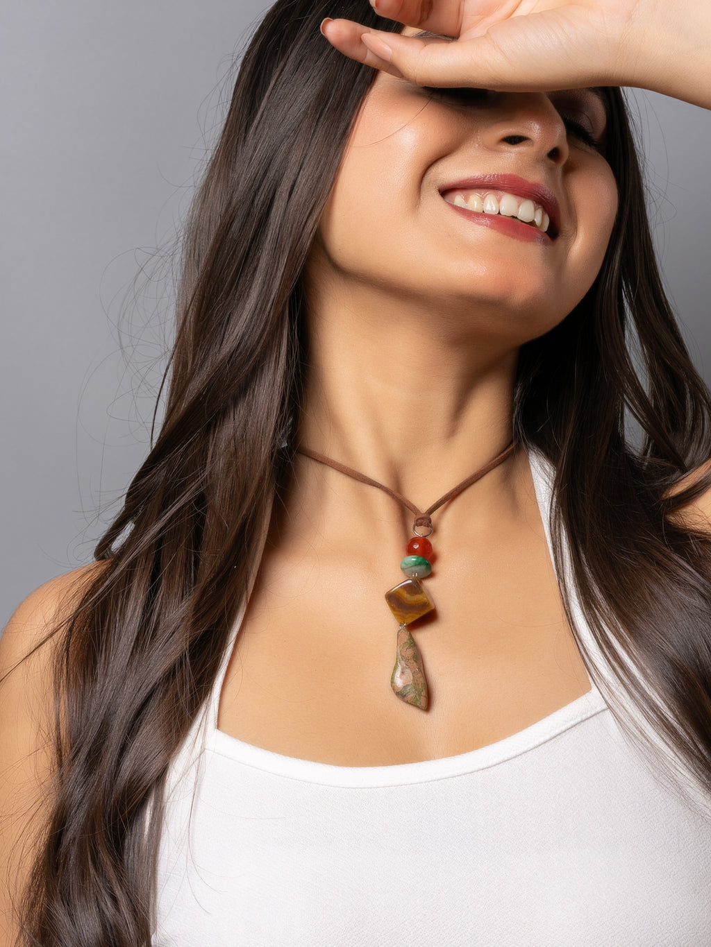 Semi Precious Yellow Brown Onyx Agste Green Unakite Lily Sleek necklace with adjustable Suede Cord LOOK AND ADORN - designed for you